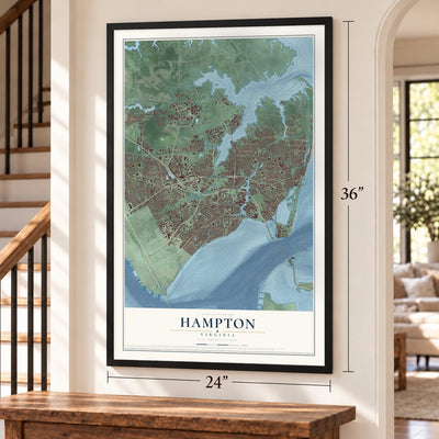 Hampton, Virginia map, 24 x 36 inch print in a black frame by a staircase