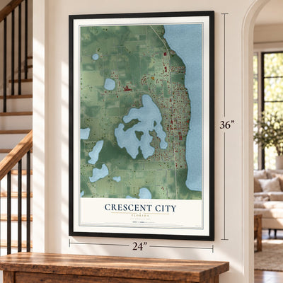 Crescent City, Florida map, 24 x 36 inch print in a black frame by a staircase
