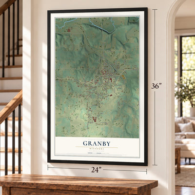 Granby, Missouri map, 24 x 36 inch print in a black frame by a staircase