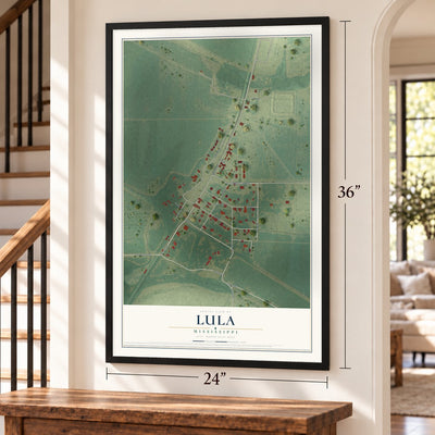 Lula, Mississippi map, 24 x 36 inch print in a black frame by a staircase