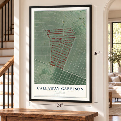 Callaway-Garrison, Maryland map, 24 x 36 inch print in a black frame by a staircase