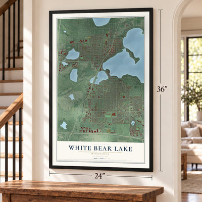 White Bear Lake, Minnesota map, 24 x 36 inch print in a black frame by a staircase