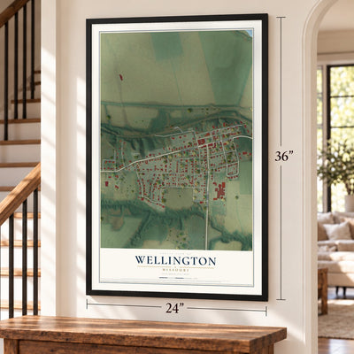 Wellington, Missouri map, 24 x 36 inch print in a black frame by a staircase