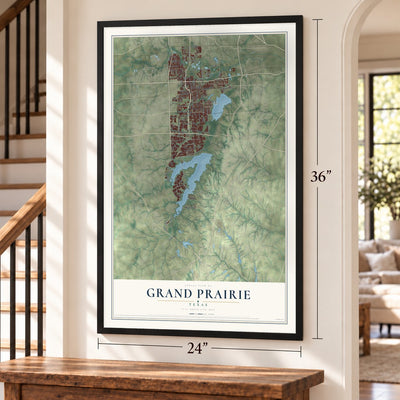 Grand Prairie, Texas map, 24 x 36 inch print in a black frame by a staircase