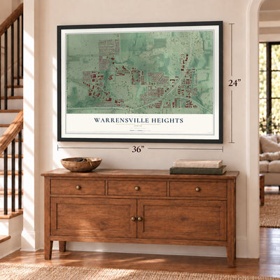 Warrensville Heights, Ohio map, 24 x 36 inch print in a black frame above a dresser by a staircase