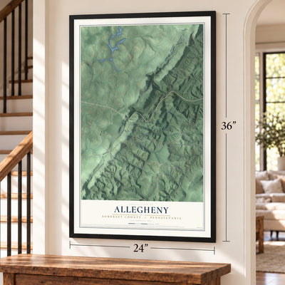 Allegheny, Somerset County, Pennsylvania map, 24 x 36 inch print in a black frame by a staircase