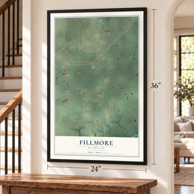 Fillmore, Michigan map, 24 x 36 inch print in a black frame by a staircase