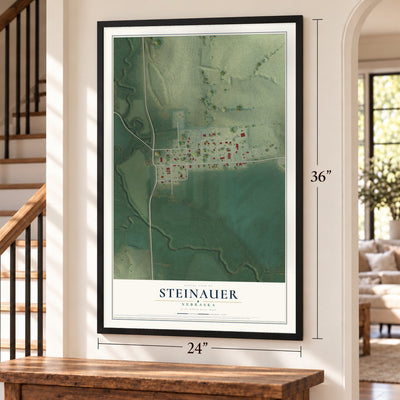 Steinauer, Nebraska map, 24 x 36 inch print in a black frame by a staircase