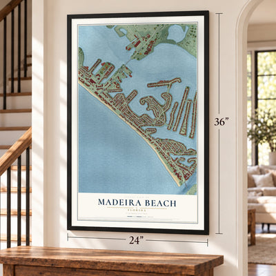 Madeira Beach, Florida map, 24 x 36 inch print in a black frame by a staircase