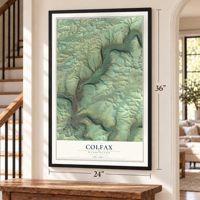 Colfax, Washington map, 24 x 36 inch print in a black frame by a staircase