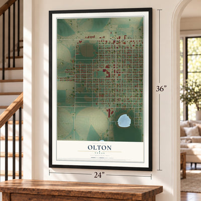 Olton, Texas map, 24 x 36 inch print in a black frame by a staircase