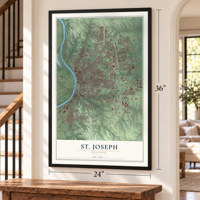 St. Joseph, Missouri map, 24 x 36 inch print in a black frame by a staircase