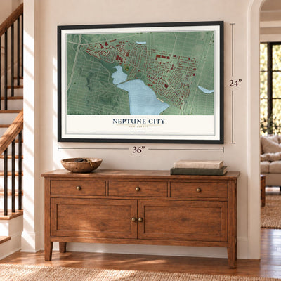 Neptune City, New Jersey map, 24 x 36 inch print in a black frame above a dresser by a staircase