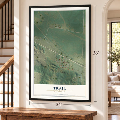 Trail, Minnesota map, 24 x 36 inch print in a black frame by a staircase