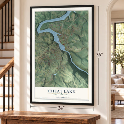 Cheat Lake, West Virginia map, 24 x 36 inch print in a black frame by a staircase
