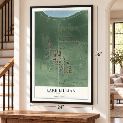 Lake Lillian, Minnesota map, 24 x 36 inch print in a black frame by a staircase