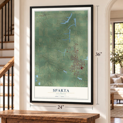 Sparta, Illinois map, 24 x 36 inch print in a black frame by a staircase