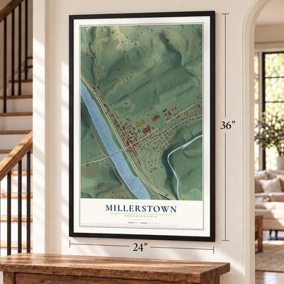 Millerstown, Pennsylvania map, 24 x 36 inch print in a black frame by a staircase