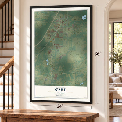 Ward, Arkansas map, 24 x 36 inch print in a black frame by a staircase
