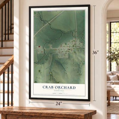 Crab Orchard, Nebraska map, 24 x 36 inch print in a black frame by a staircase