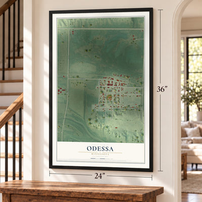 Odessa, Minnesota map, 24 x 36 inch print in a black frame by a staircase