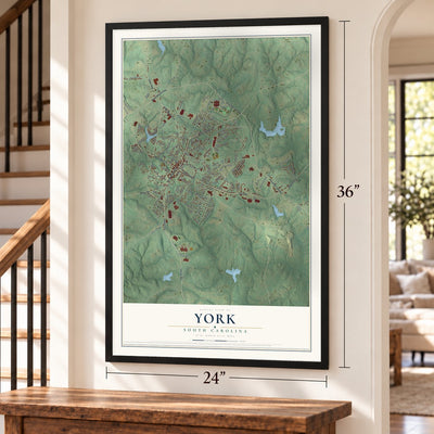 York, South Carolina map, 24 x 36 inch print in a black frame by a staircase