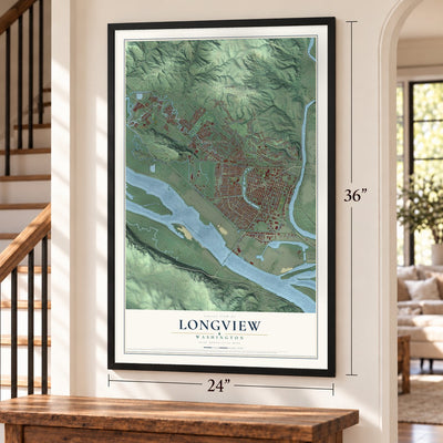 Longview, Washington map, 24 x 36 inch print in a black frame by a staircase