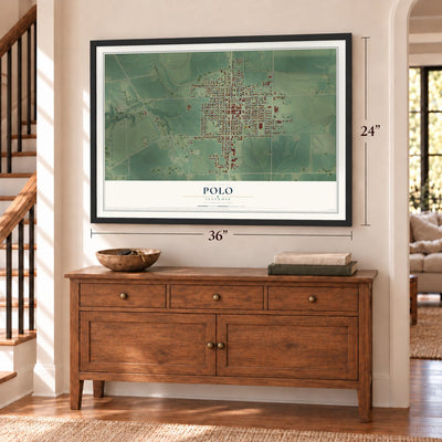 Polo, Illinois map, 24 x 36 inch print in a black frame above a dresser by a staircase