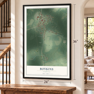 Boykins, Virginia map, 24 x 36 inch print in a black frame by a staircase
