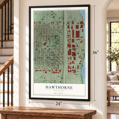 Hawthorne, Minnesota map, 24 x 36 inch print in a black frame by a staircase