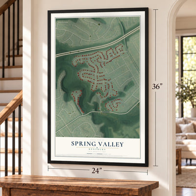 Spring Valley, Kentucky map, 24 x 36 inch print in a black frame by a staircase