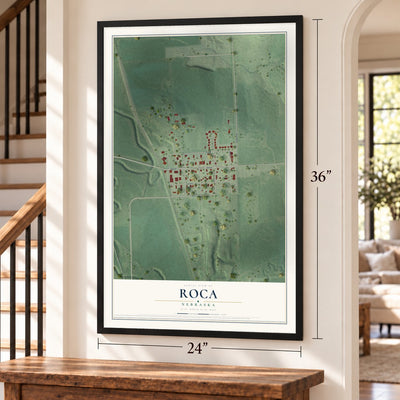 Roca, Nebraska map, 24 x 36 inch print in a black frame by a staircase