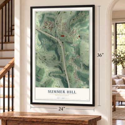 Summer Hill, Pennsylvania map, 24 x 36 inch print in a black frame by a staircase