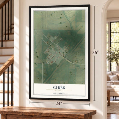 Gibbs, Missouri map, 24 x 36 inch print in a black frame by a staircase