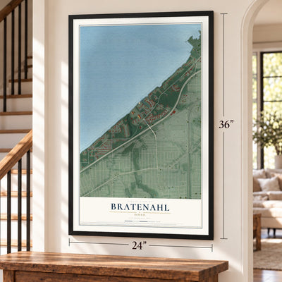 Bratenahl, Ohio map, 24 x 36 inch print in a black frame by a staircase
