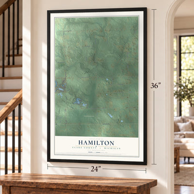 Hamilton, Clare County, Michigan map, 24 x 36 inch print in a black frame by a staircase