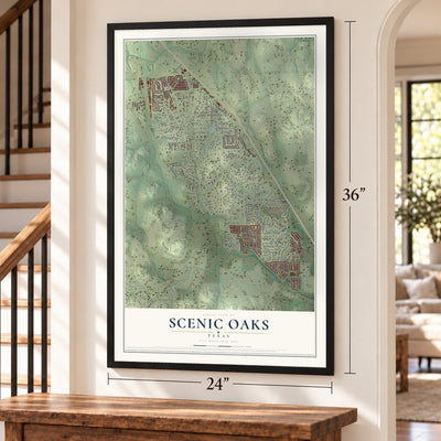 Scenic Oaks, Texas map, 24 x 36 inch print in a black frame by a staircase