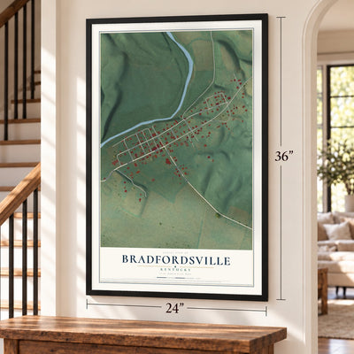 Bradfordsville, Kentucky map, 24 x 36 inch print in a black frame by a staircase