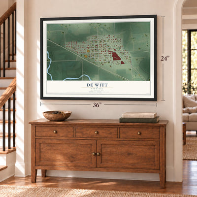 De Witt, Nebraska map, 24 x 36 inch print in a black frame above a dresser by a staircase