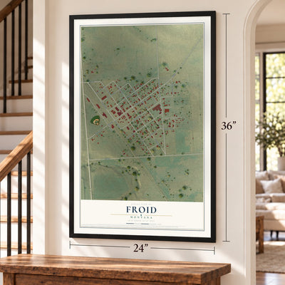 Froid, Montana map, 24 x 36 inch print in a black frame by a staircase