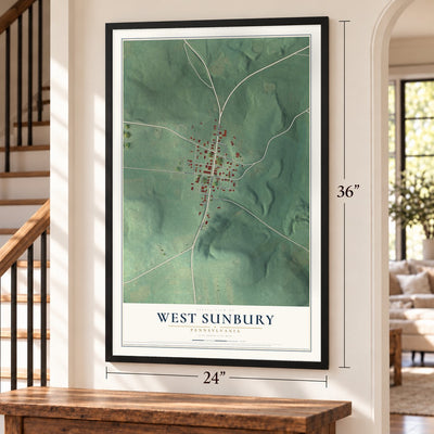 West Sunbury, Pennsylvania map, 24 x 36 inch print in a black frame by a staircase