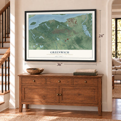 Greenwich, Gloucester County, New Jersey map, 24 x 36 inch print in a black frame above a dresser by a staircase