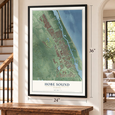 Hobe Sound, Florida map, 24 x 36 inch print in a black frame by a staircase