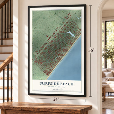 Surfside Beach, South Carolina map, 24 x 36 inch print in a black frame by a staircase