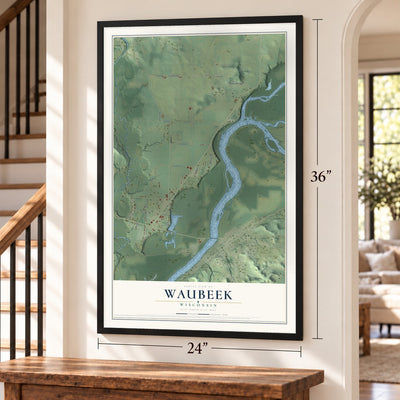 Waubeek, Wisconsin map, 24 x 36 inch print in a black frame by a staircase