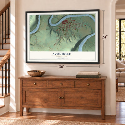 Avonmore, Pennsylvania map, 24 x 36 inch print in a black frame above a dresser by a staircase