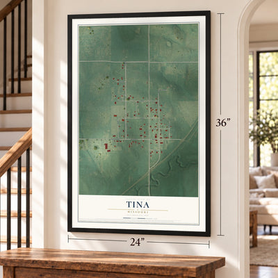 Tina, Missouri map, 24 x 36 inch print in a black frame by a staircase