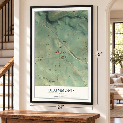 Drummond, Idaho map, 24 x 36 inch print in a black frame by a staircase