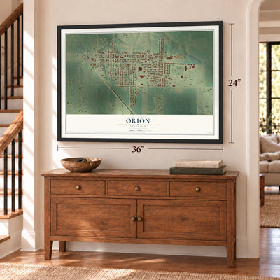 Orion, Illinois map, 24 x 36 inch print in a black frame above a dresser by a staircase