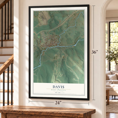 Davis, West Virginia map, 24 x 36 inch print in a black frame by a staircase